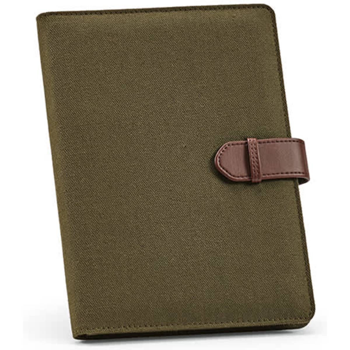 An olive green A5 folder with a brown rPU closure and a textured finish, featuring a logo.