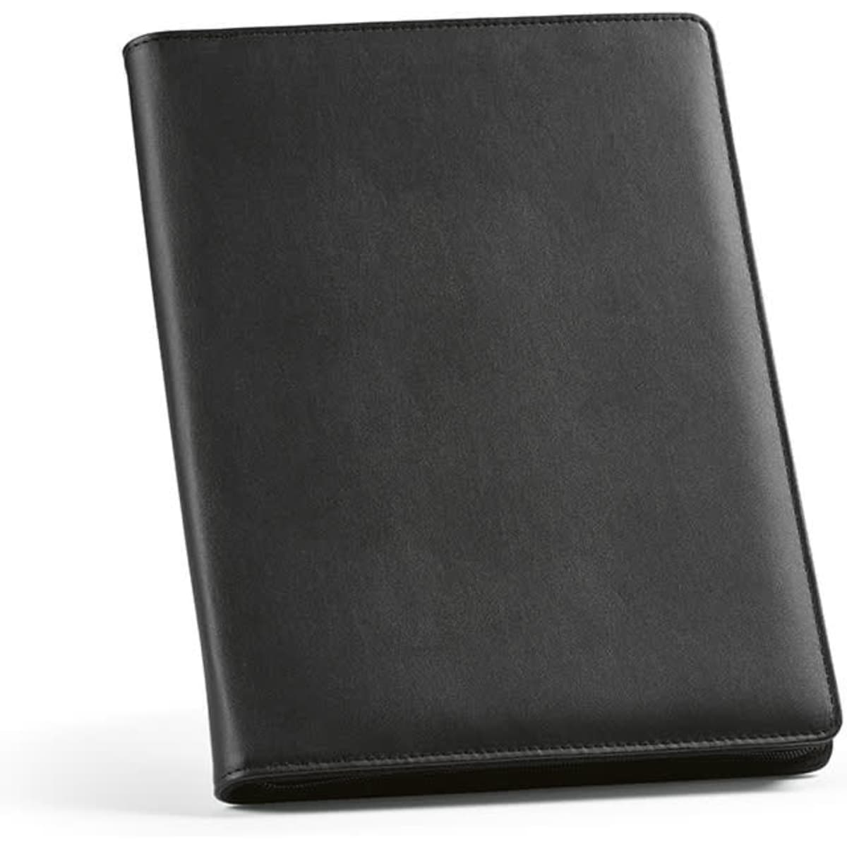 A black A4 folder with a zipper closure and a notepad containing 64 FSC® sheets, featuring a logo.