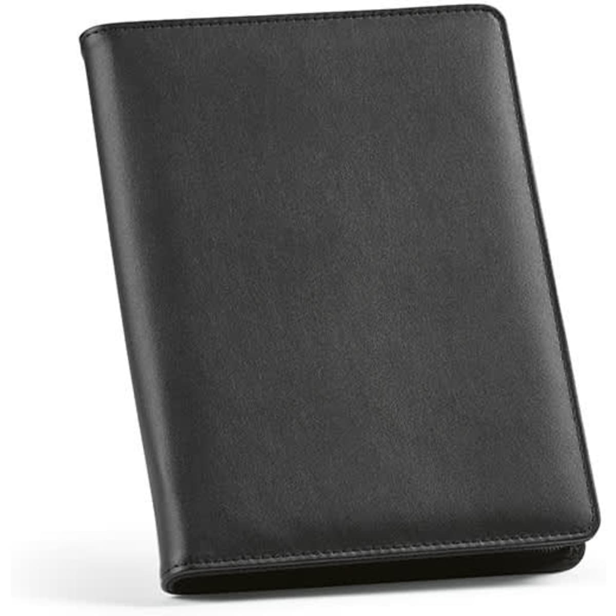 A black A5 folder with a zipper closure, featuring a notepad made from 64 FSC® sheets and a logo.