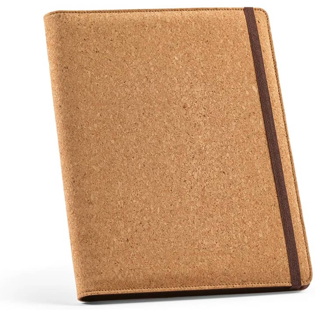 A cork A4 folder with a brown elastic closure and a textured finish. Contains a 64-page FSC® notepad inside.