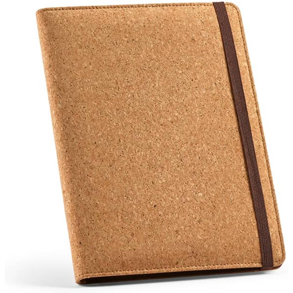A cork A5 folder with a brown elastic closure, featuring a textured exterior and a logo.
