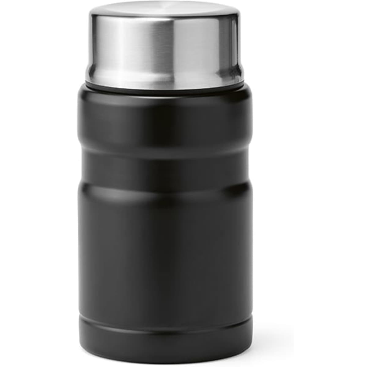 A drink bottle in matte black with a stainless steel lid, featuring a foldable spoon and a branding logo.