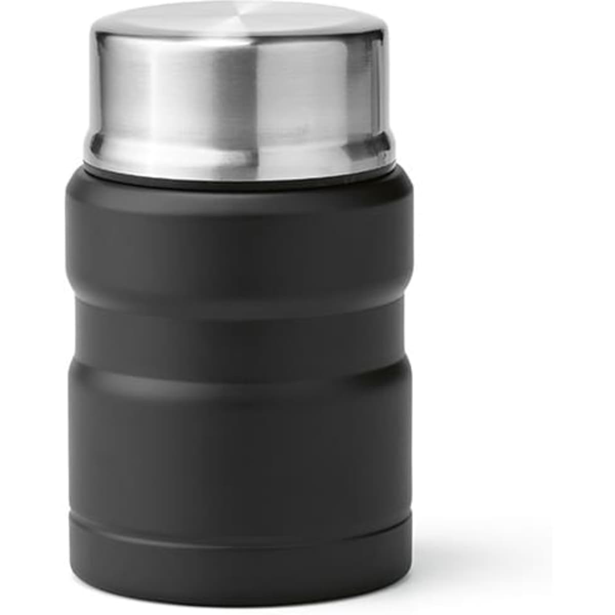 A food flask in black with a stainless steel lid, featuring a double wall and a foldable spoon. Includes a logo.