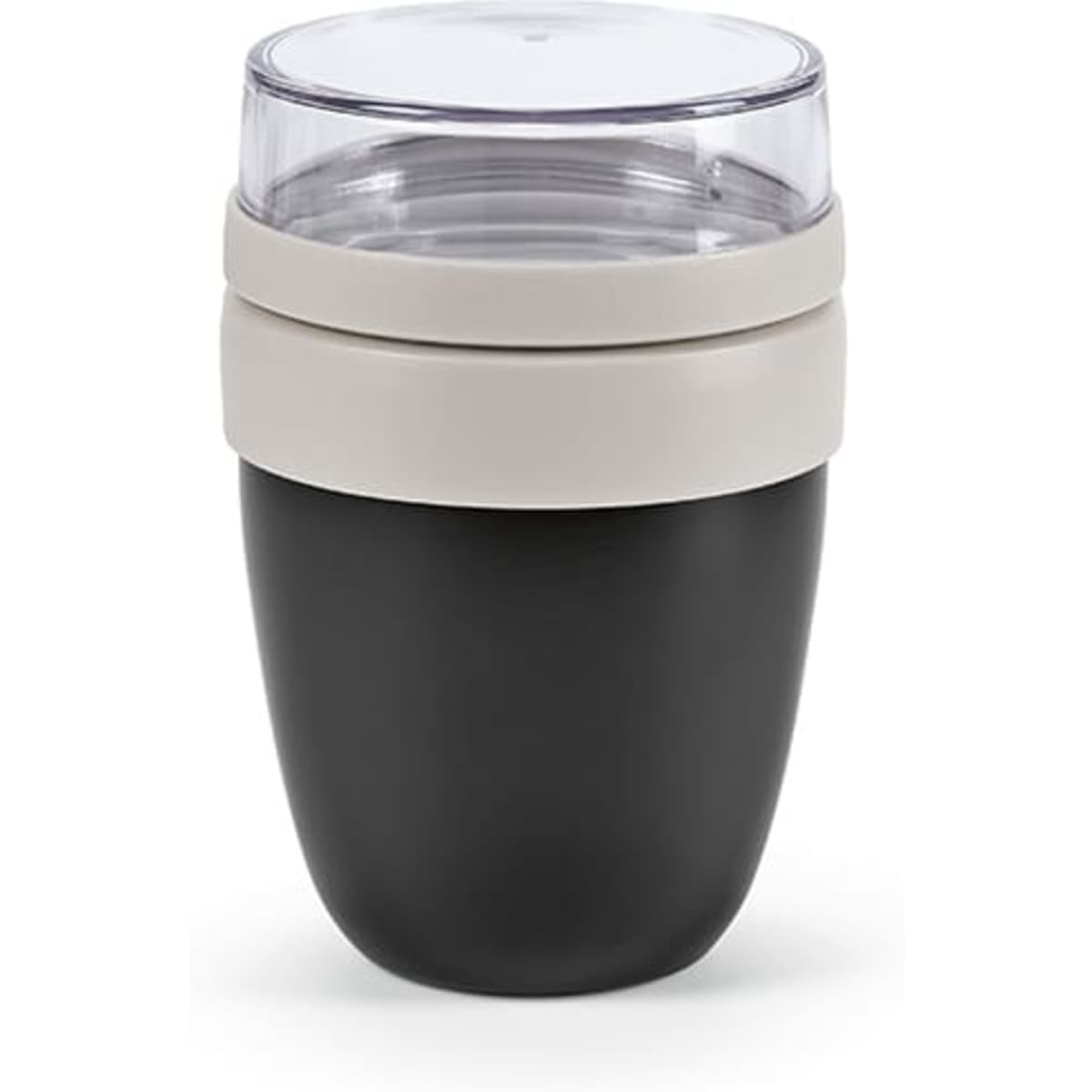 A drink bottle featuring a black base with a beige band and a transparent lid, designed with two compartments.