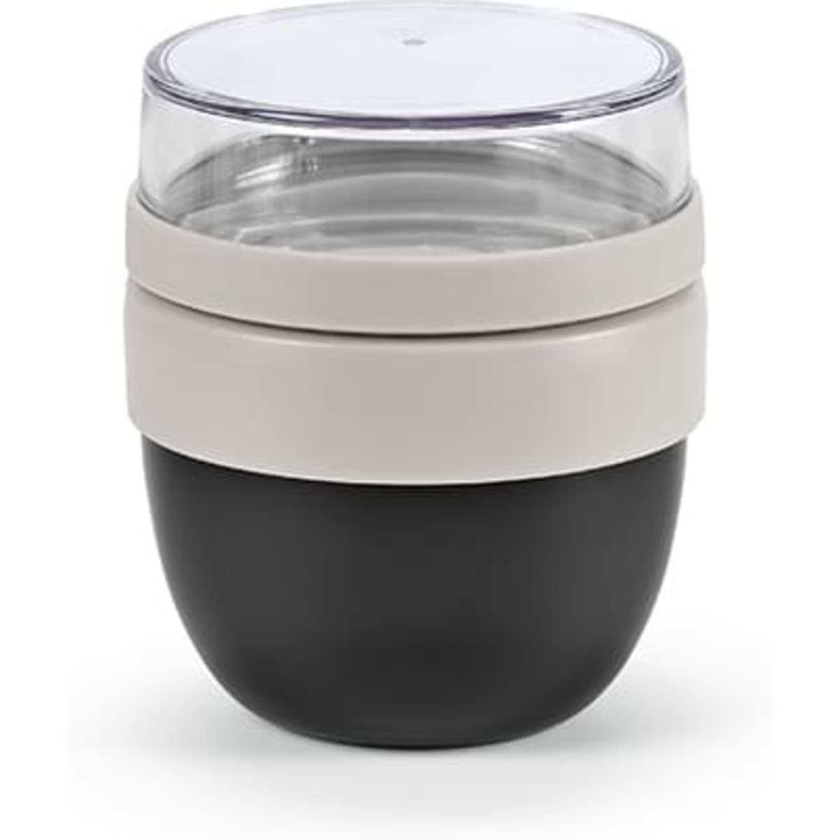 A food flask featuring two compartments, with a clear lid, a cream middle section, and a black base.