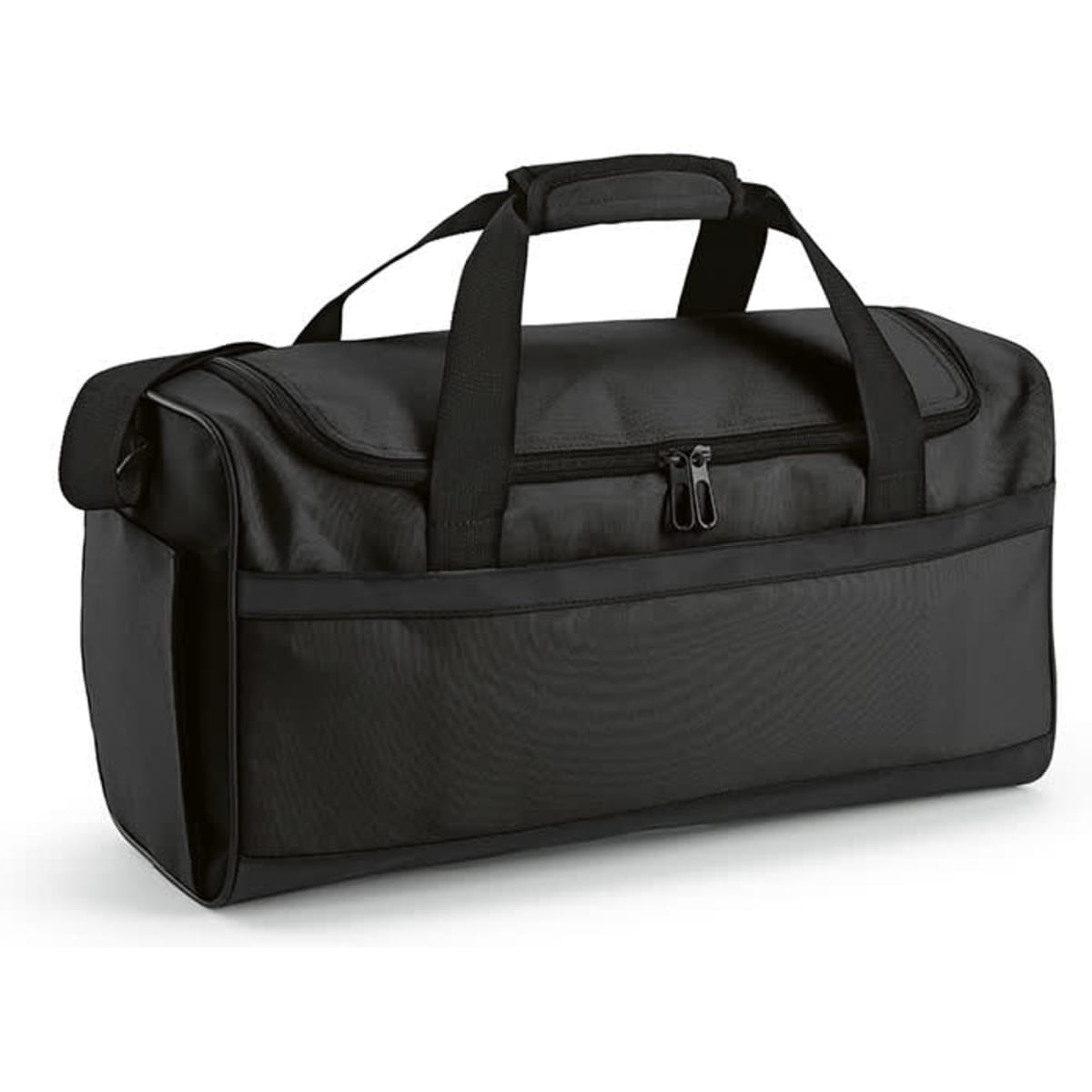 A black gym bag with a structured design, featuring handles and a reflective strip. It has a logo on the side.