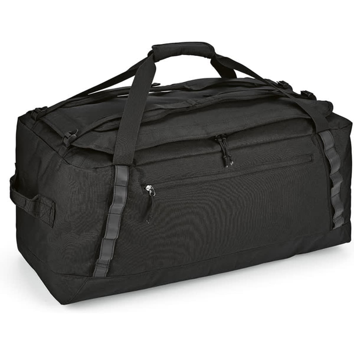 A black gym bag with reflective strips, featuring sturdy handles and a zippered pocket. It has a logo on the front.