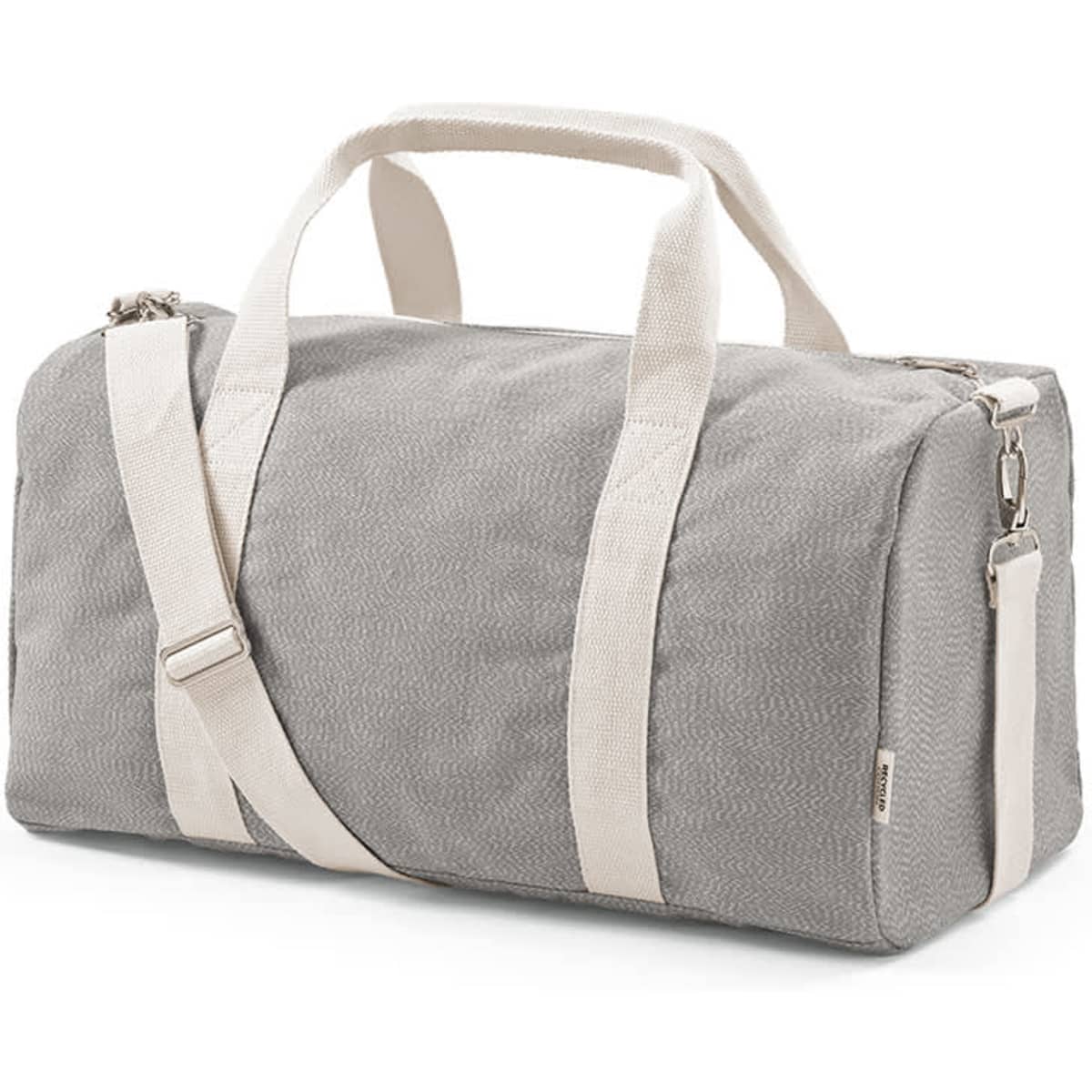 A grey gym bag with cream handles and a detachable shoulder strap. It features a logo on one side.