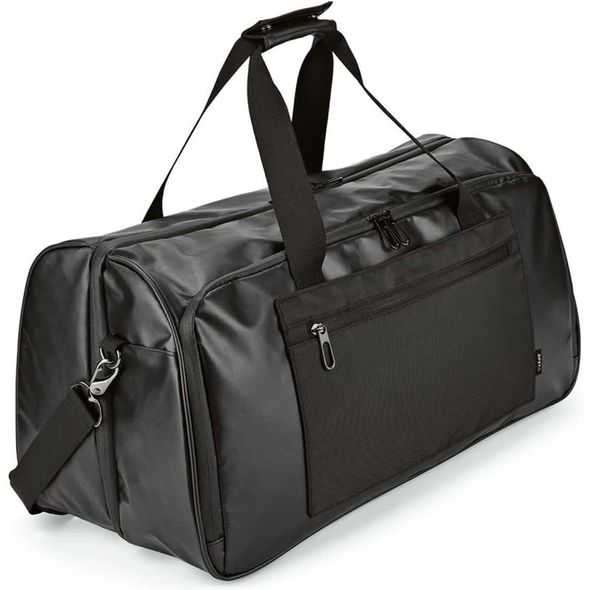 A black gym bag with waterproof zippers, featuring dual handles and an adjustable strap, includes a front zip pocket.