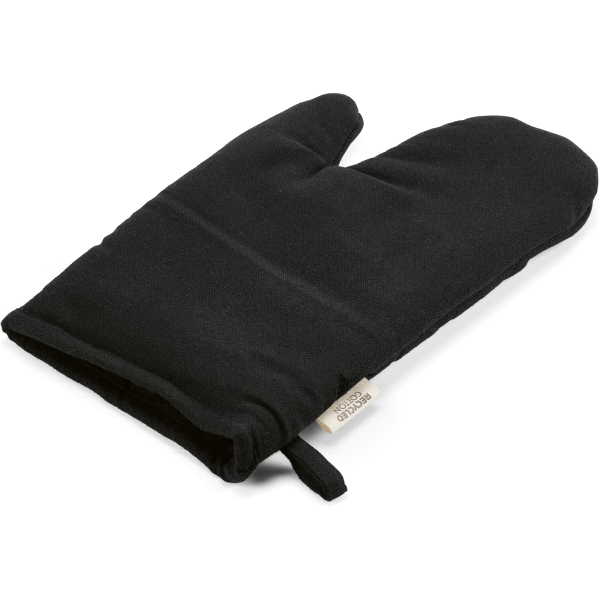 A black kitchen glove made of cotton, featuring a thick padding and a loop for hanging. It has a branding logo.