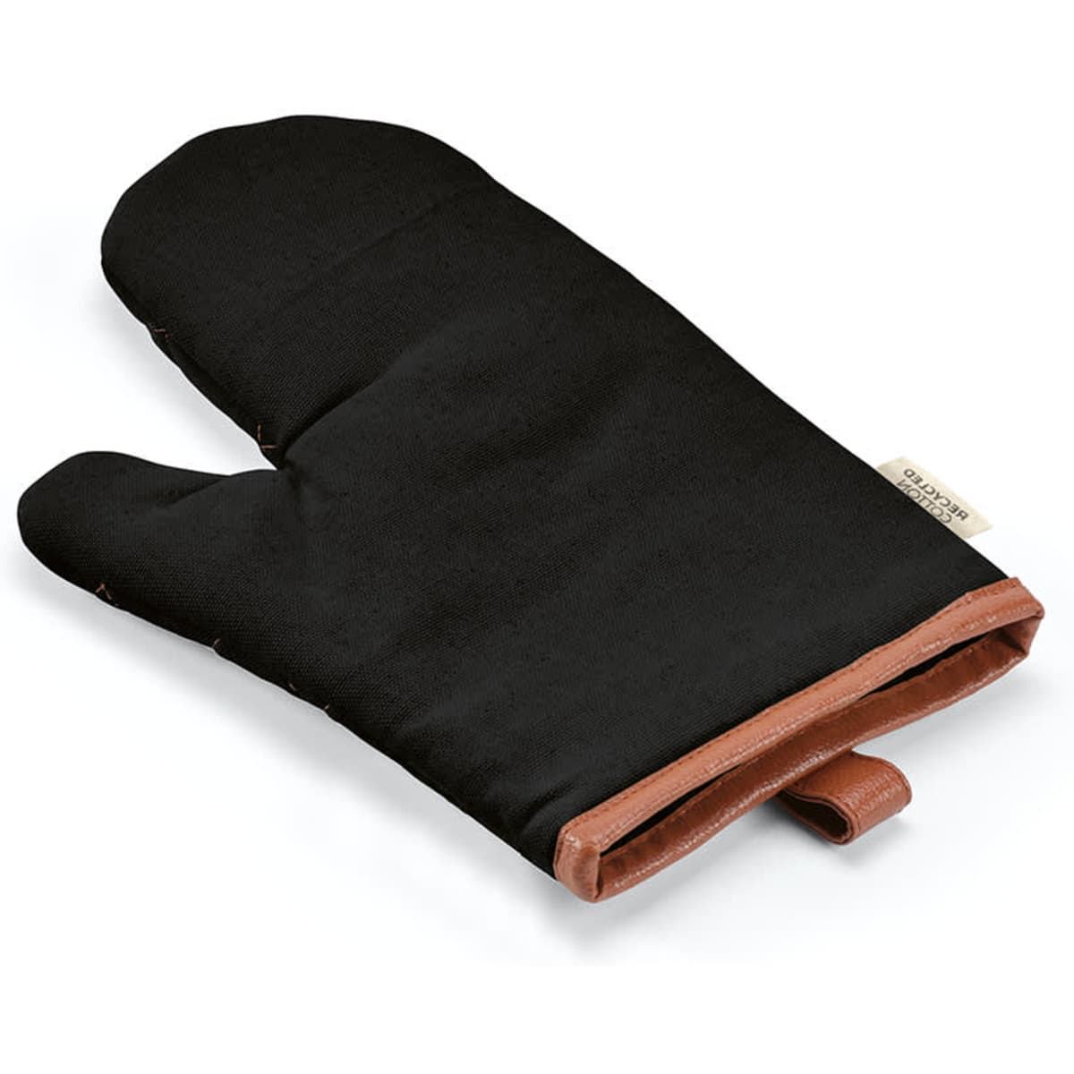 A black kitchen glove with a brown PU detail, featuring a hanging loop for easy storage.