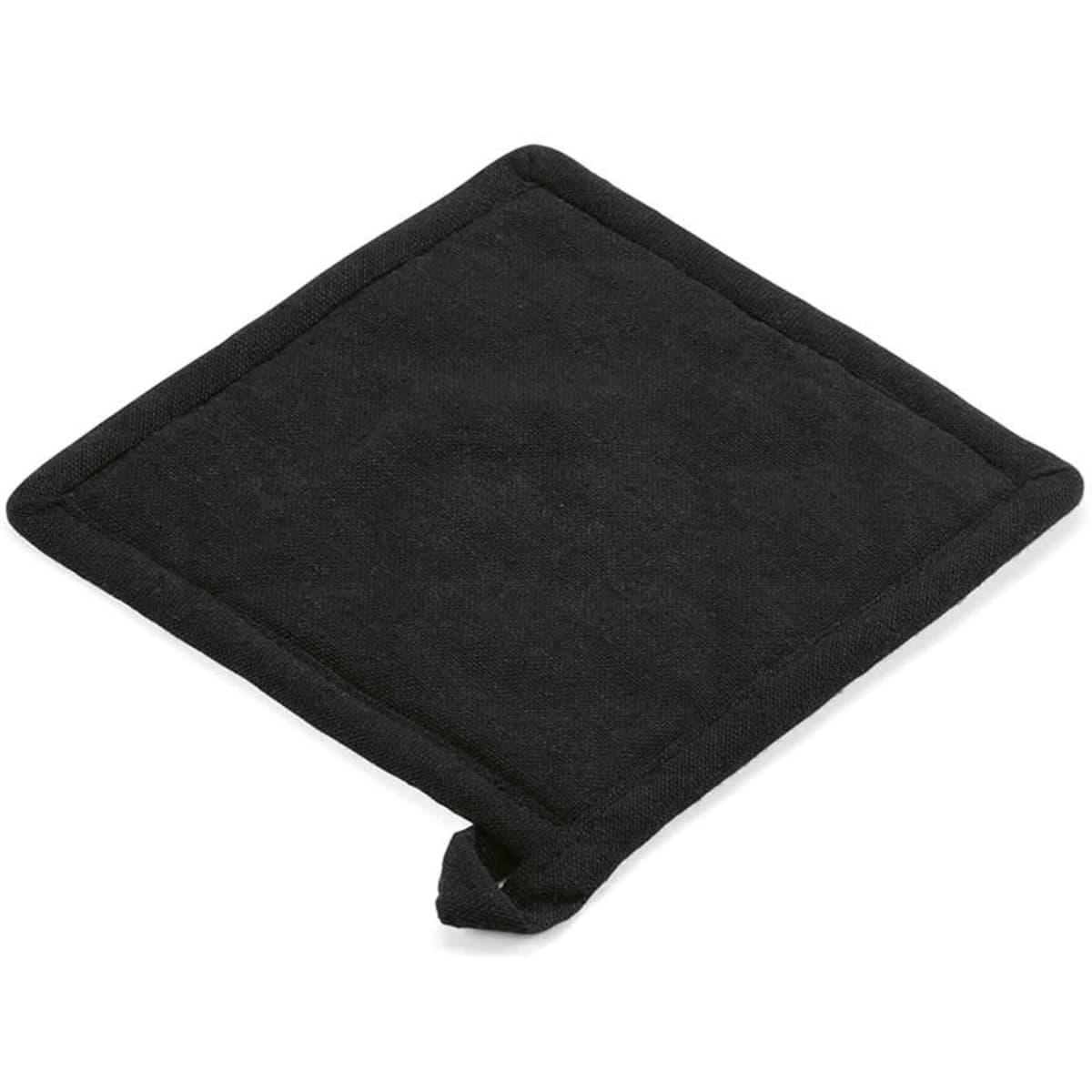 A black pot holder with a loop for hanging, made of cotton and measuring 180gsm.