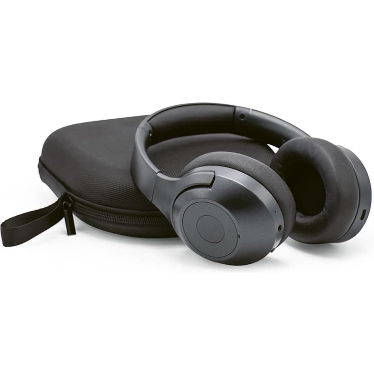 A pair of black over-ear headphones placed beside a black carrying case, featuring a logo on the headphones.