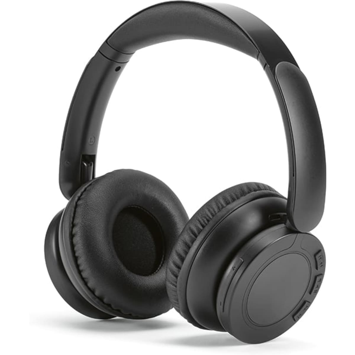 A pair of black over-ear headphones with cushioned ear pads and a logo on one side.