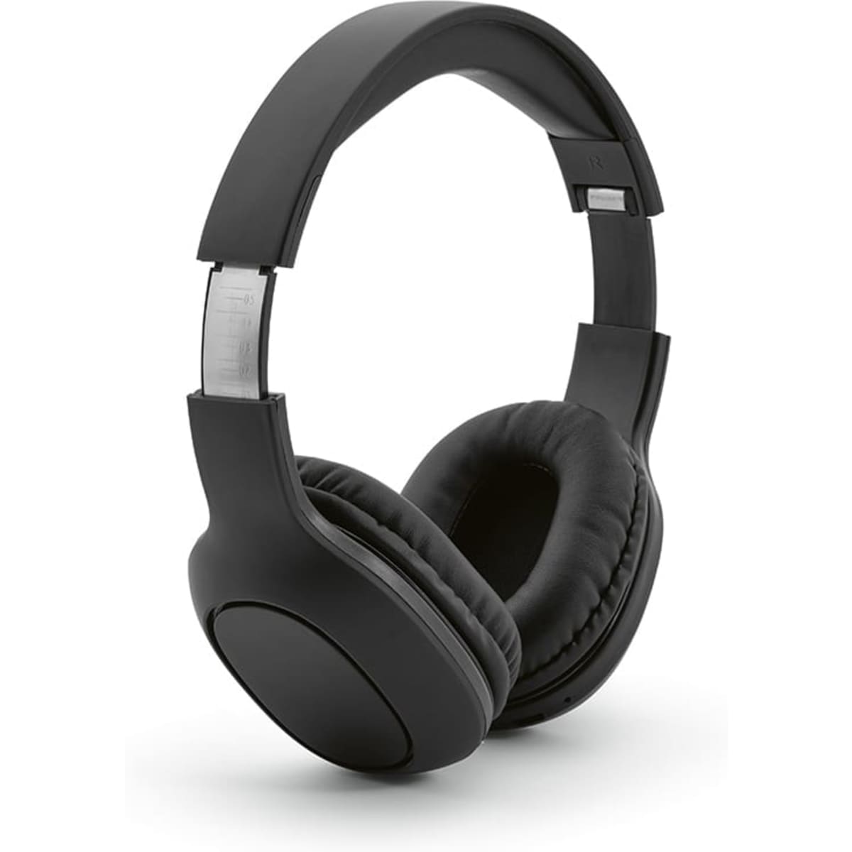 Black wireless headphones with cushioned ear pads and a sleek design, featuring a metal accent and a logo on the side.