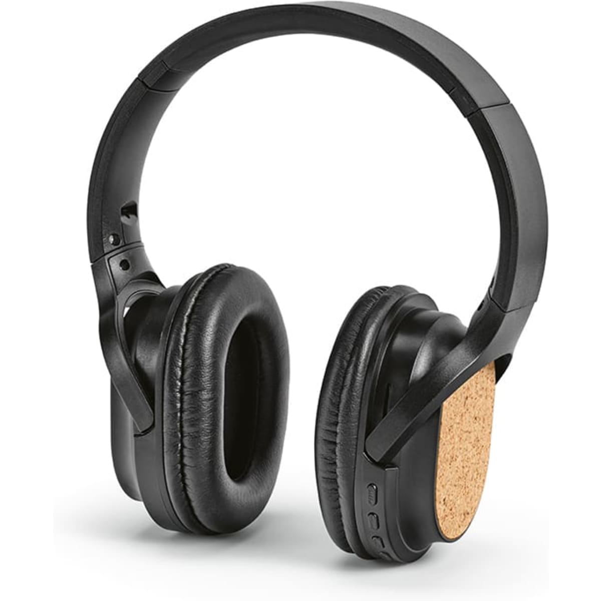 Black headphones featuring a cork accent, designed for wireless use with a comfortable cushioned fit.