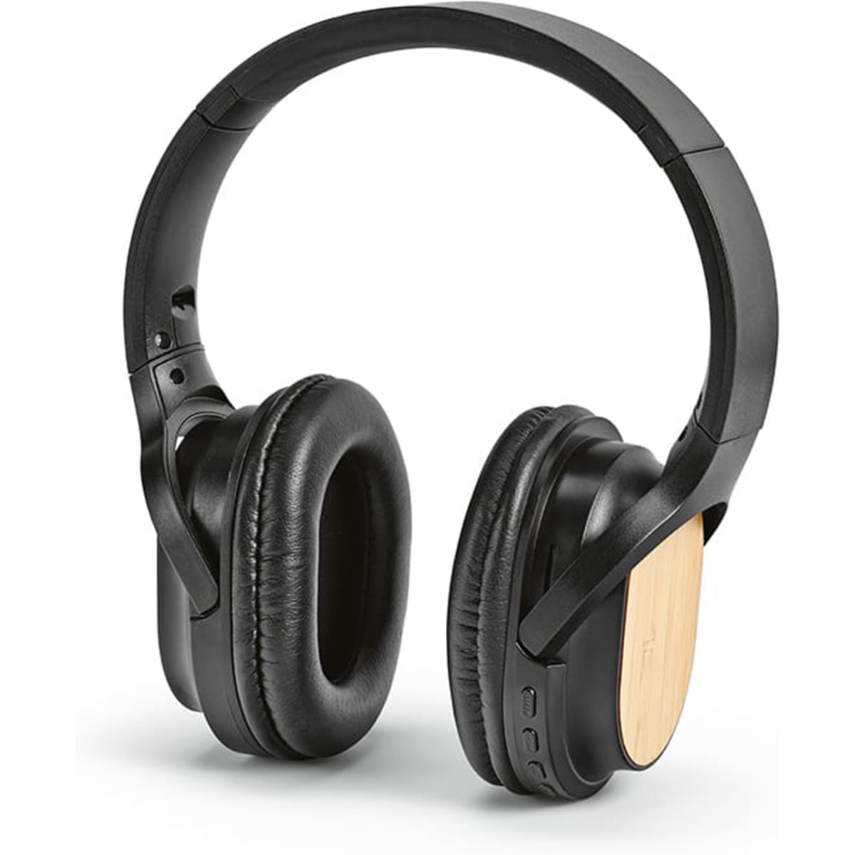 Black headphones with bamboo accents and cushioned ear cups, featuring a sleek, modern design.