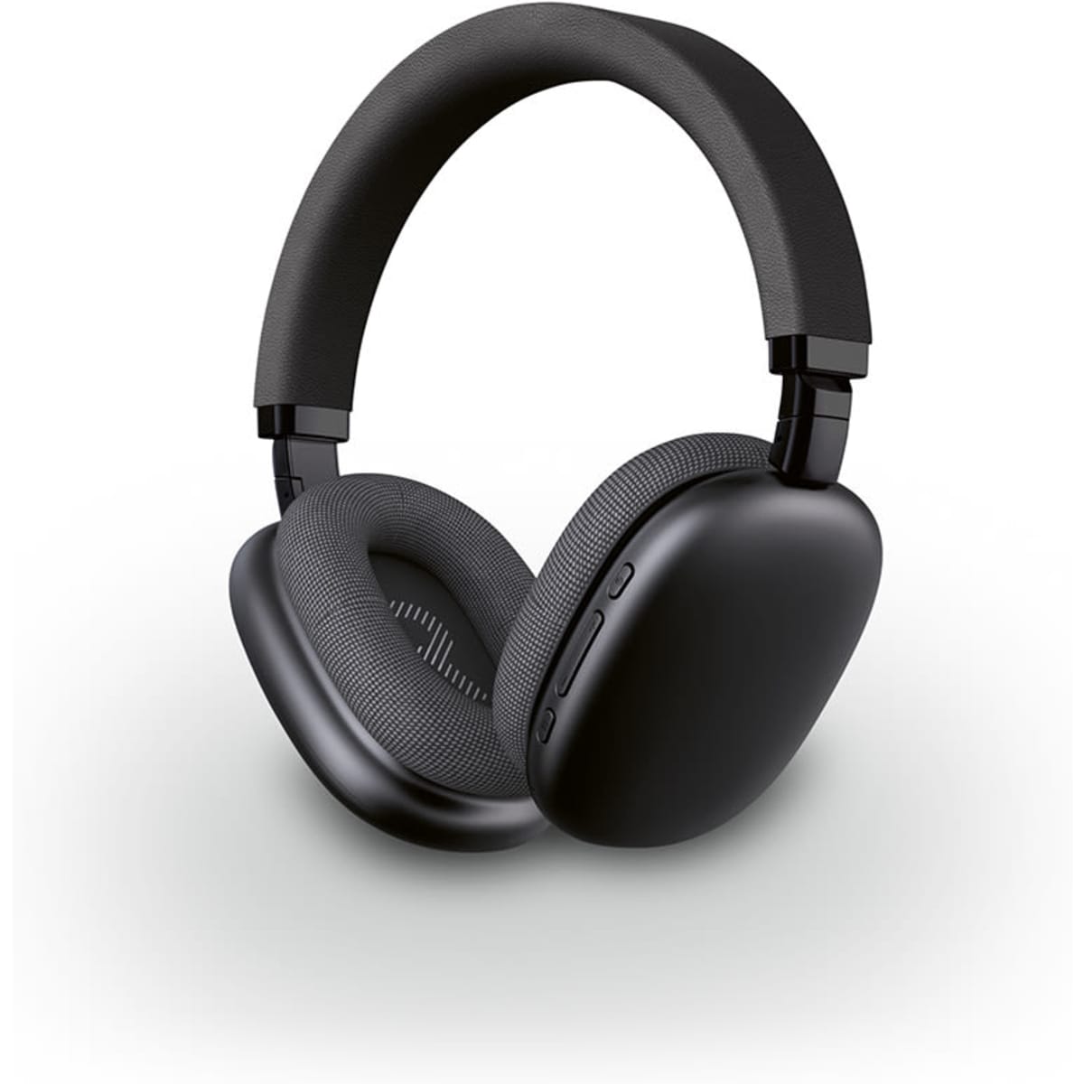 Black headphones with a sleek design and ear cushions, featuring a logo on the side.