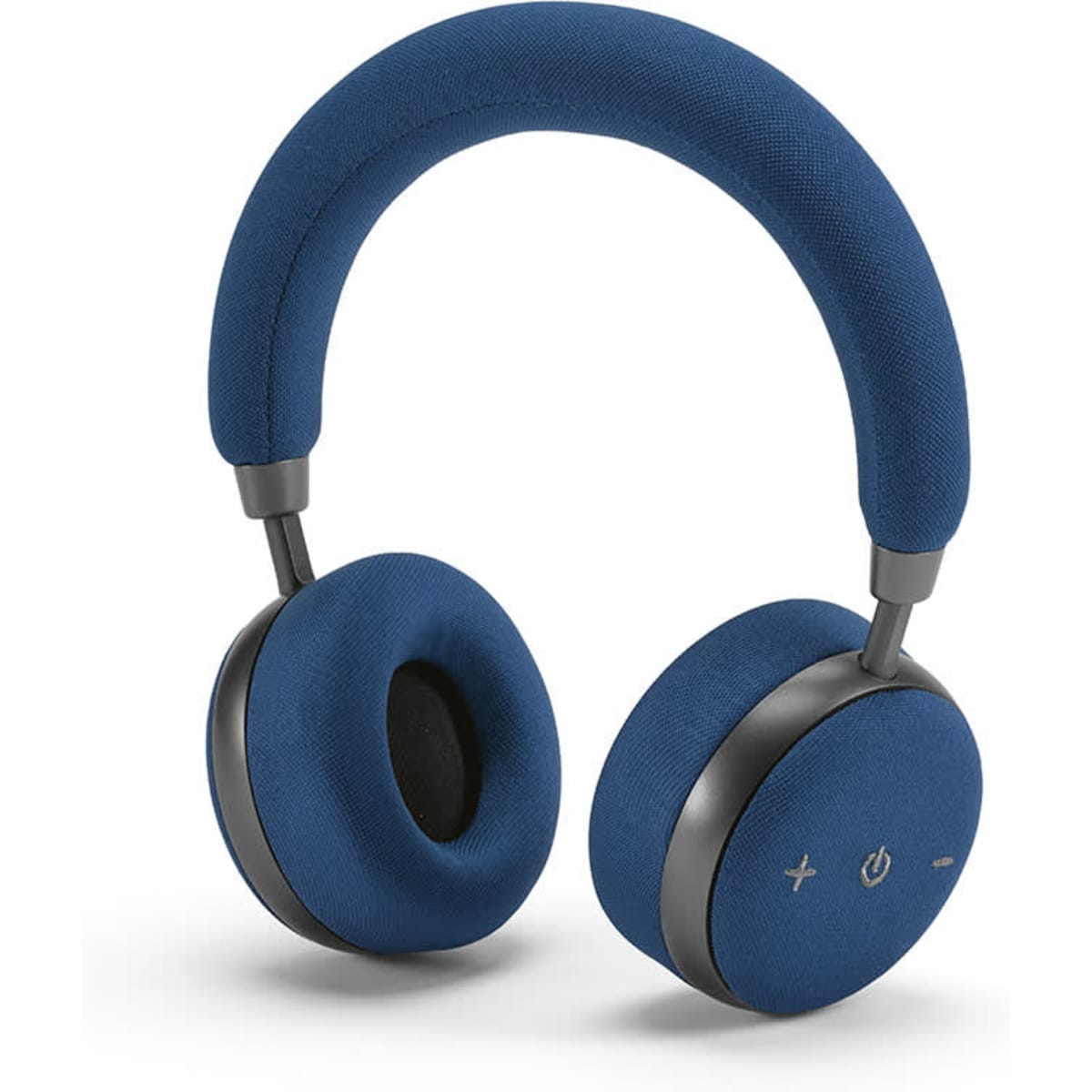 Blue headphones with a fabric finish, featuring adjustable ear cups and a sleek design, accompanied by a branding logo.