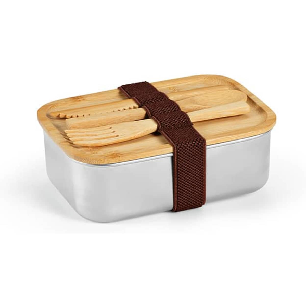 A lunchbox with a bamboo lid, grey metal body, and brown strap, featuring bamboo cutlery inside.