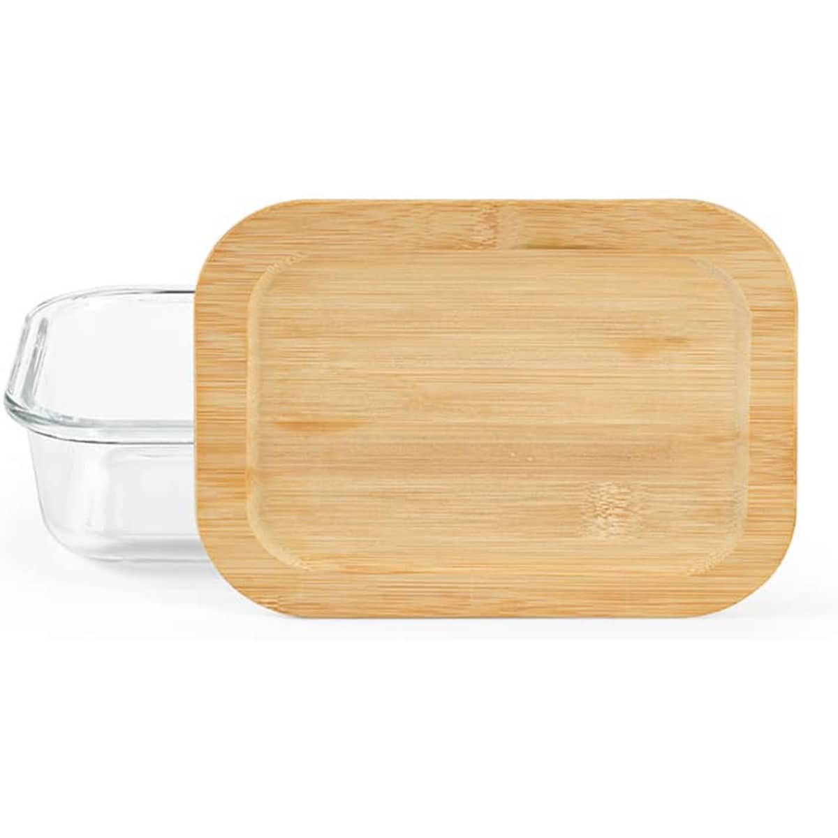 A lunchbox featuring a glass container and a bamboo lid, showcasing a natural wood finish. It has a sleek design and includes a logo.