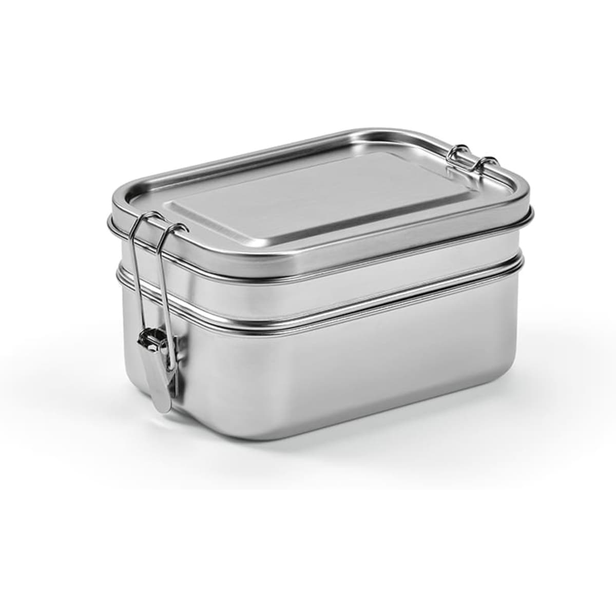 A stainless steel lunchbox with two compartments and side buckles, featuring a polished finish and a secure lid.