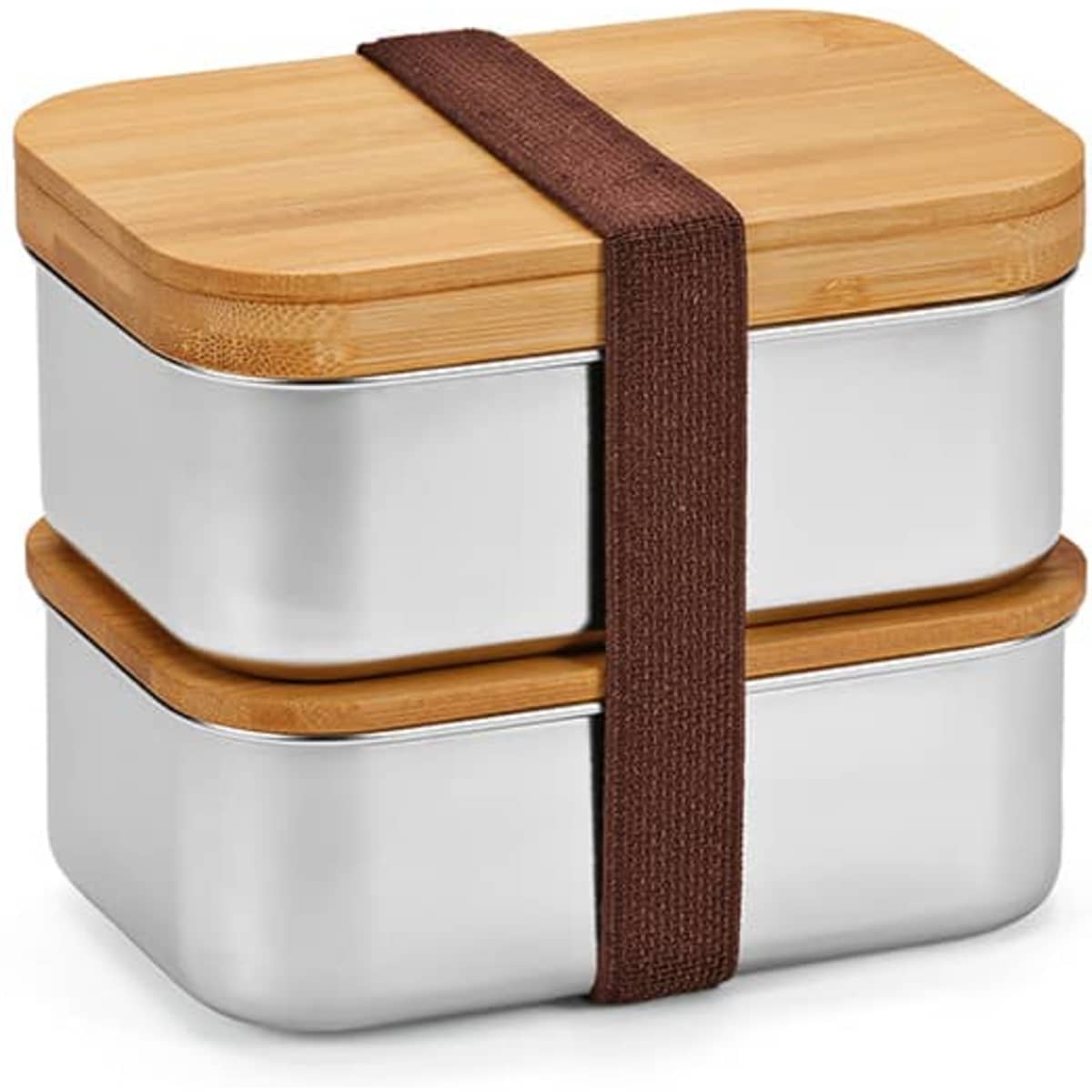 A stack of two stainless steel lunchbox containers with a bamboo lid, secured with a brown elastic strap.