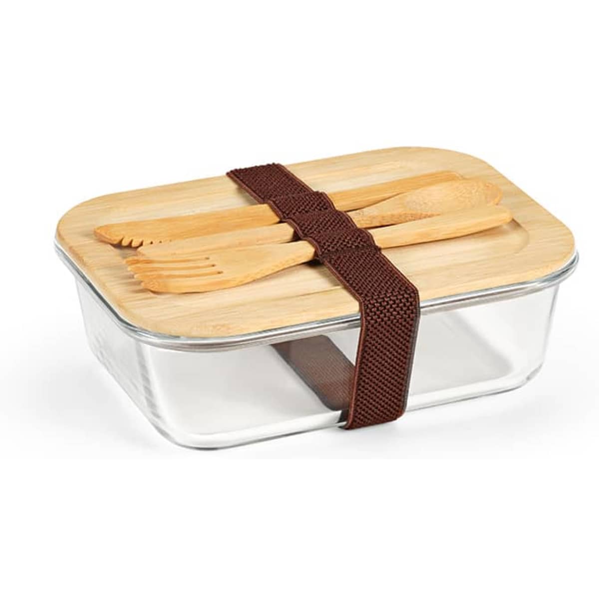 A lunchbox made of borosilicate glass with a bamboo lid and brown strap, featuring bamboo cutlery inside.