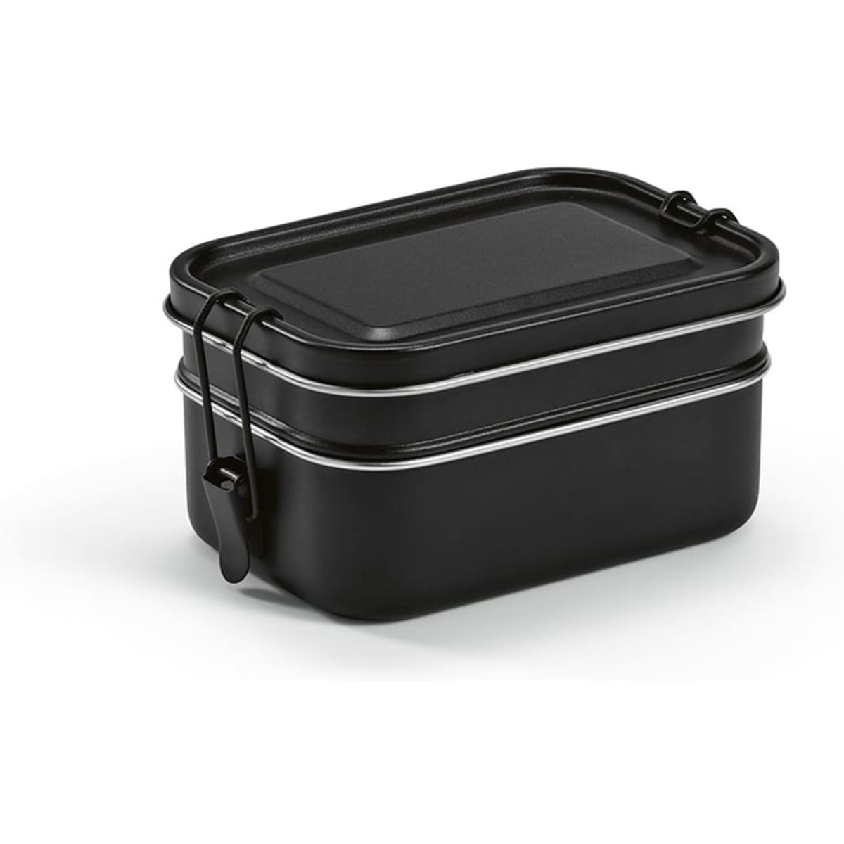 A black Tintoretto lunchbox with two compartments and side buckles for secure closure.