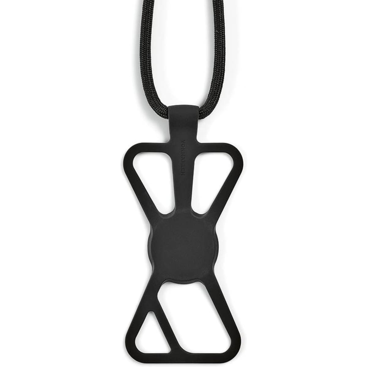 A black Infinity universal phone strap made from rPET and silicone, featuring a sleek, modern design and a logo.