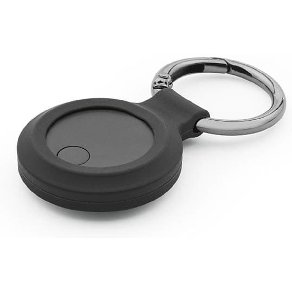 A black SeekTag tracker with a chrome keyring attachment, featuring a circular design and a button.