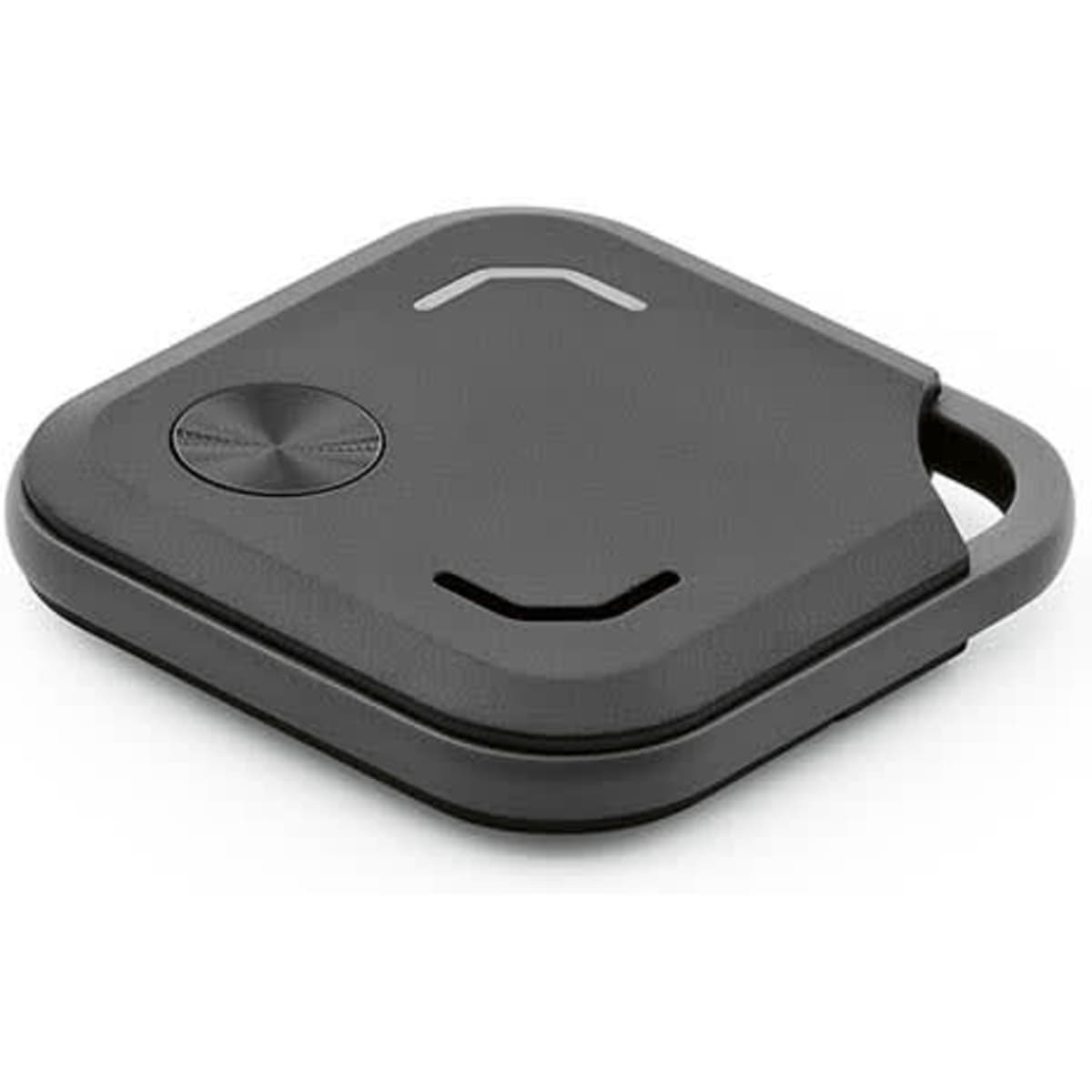 A black VibeTag tracker with a textured surface and a loop for attachment, Apple and Android compatible.