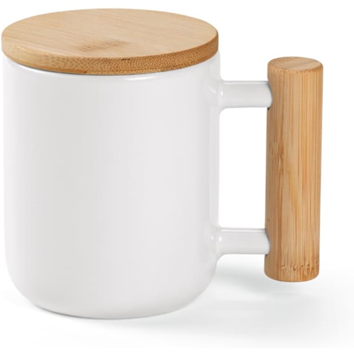 A ceramic mug with a white body, bamboo lid, and bamboo handle, holding 380ml capacity. It features a logo.