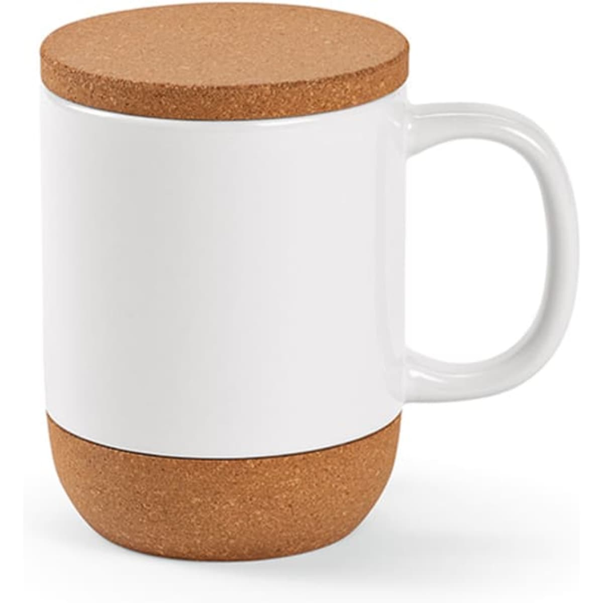 A drink mug with a white ceramic body and cork lid and base, holding 380ml. Includes a branding logo.