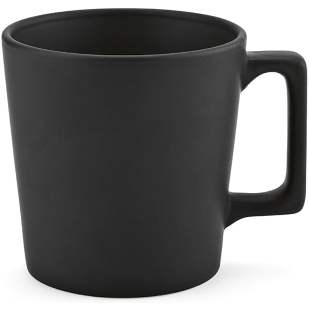 A ceramic mug with a matte black finish and a simple handle, featuring a logo. Holds 360ml.
