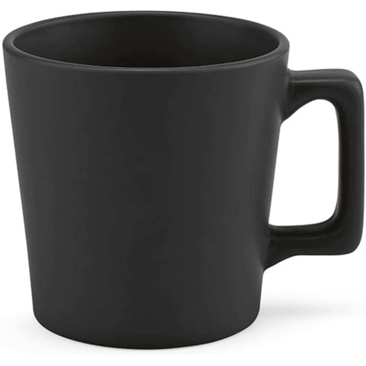A ceramic mug with a matte black finish and a sturdy handle, featuring a simple design and a smooth texture.