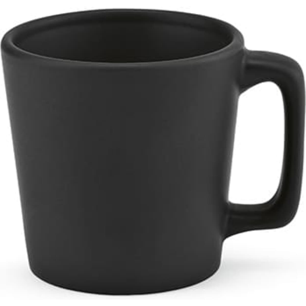 A ceramic mug with a matte black finish and a handle, featuring a simple design and a 75ml capacity.
