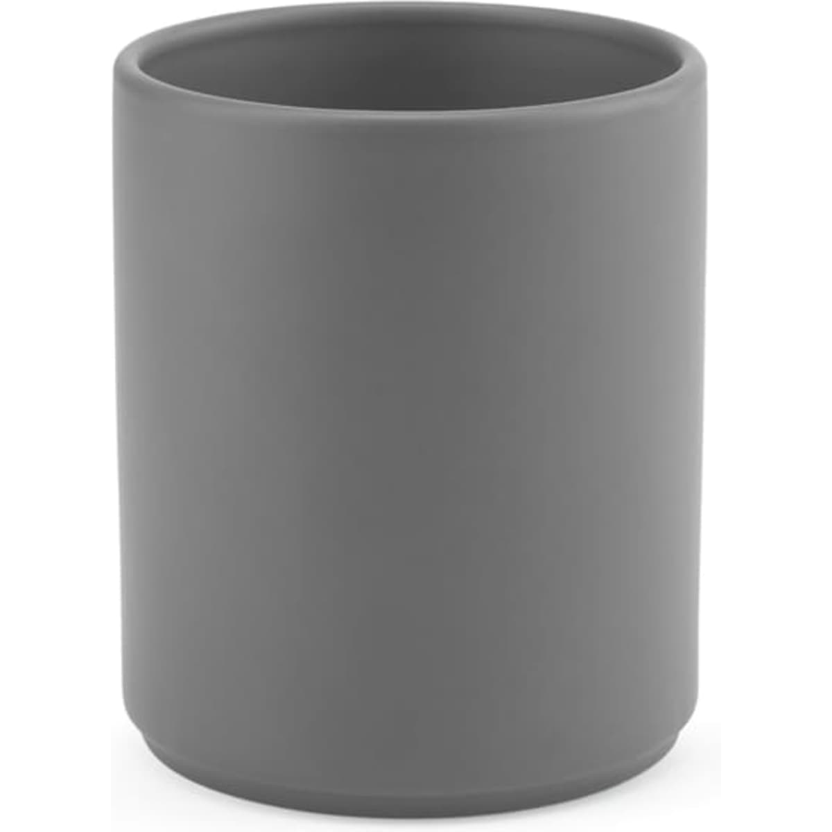 A ceramic mug with a matt finish, featuring a cylindrical design in grey, holding 340ml. It has a logo on the side.