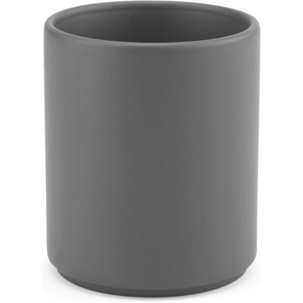 A ceramic mug with a matt grey finish, 240ml capacity, featuring a simple cylindrical design and a logo.