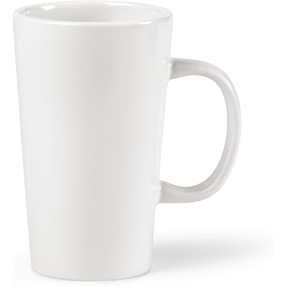 A white ceramic mug with a tall, cylindrical shape and a curved handle, featuring a simple design.