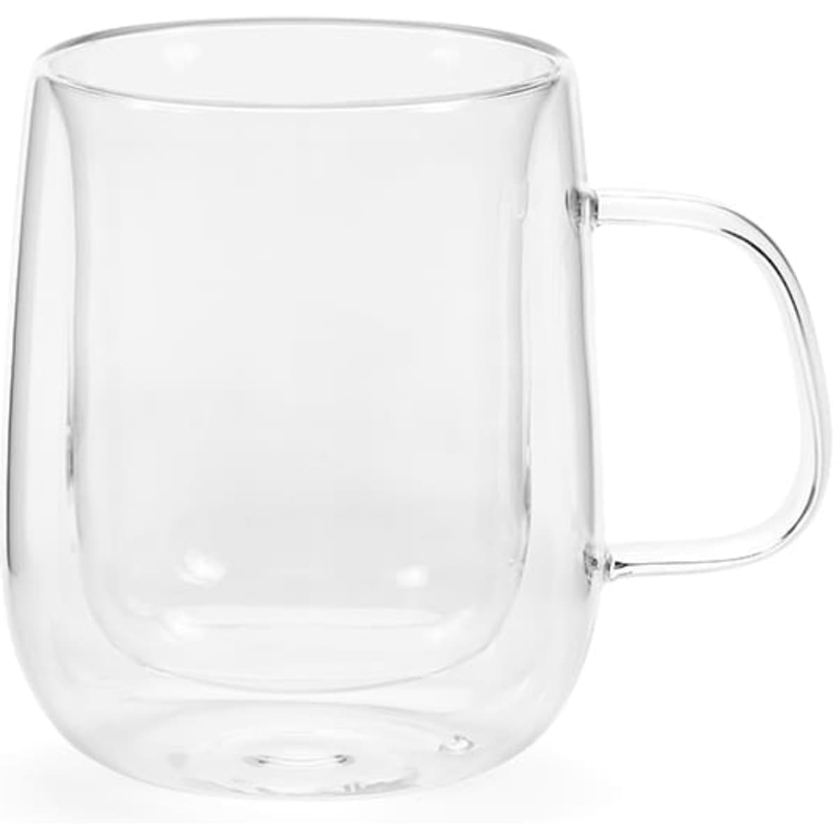 A borosilicate glass mug with a transparent design and a simple handle, holding 440ml.
