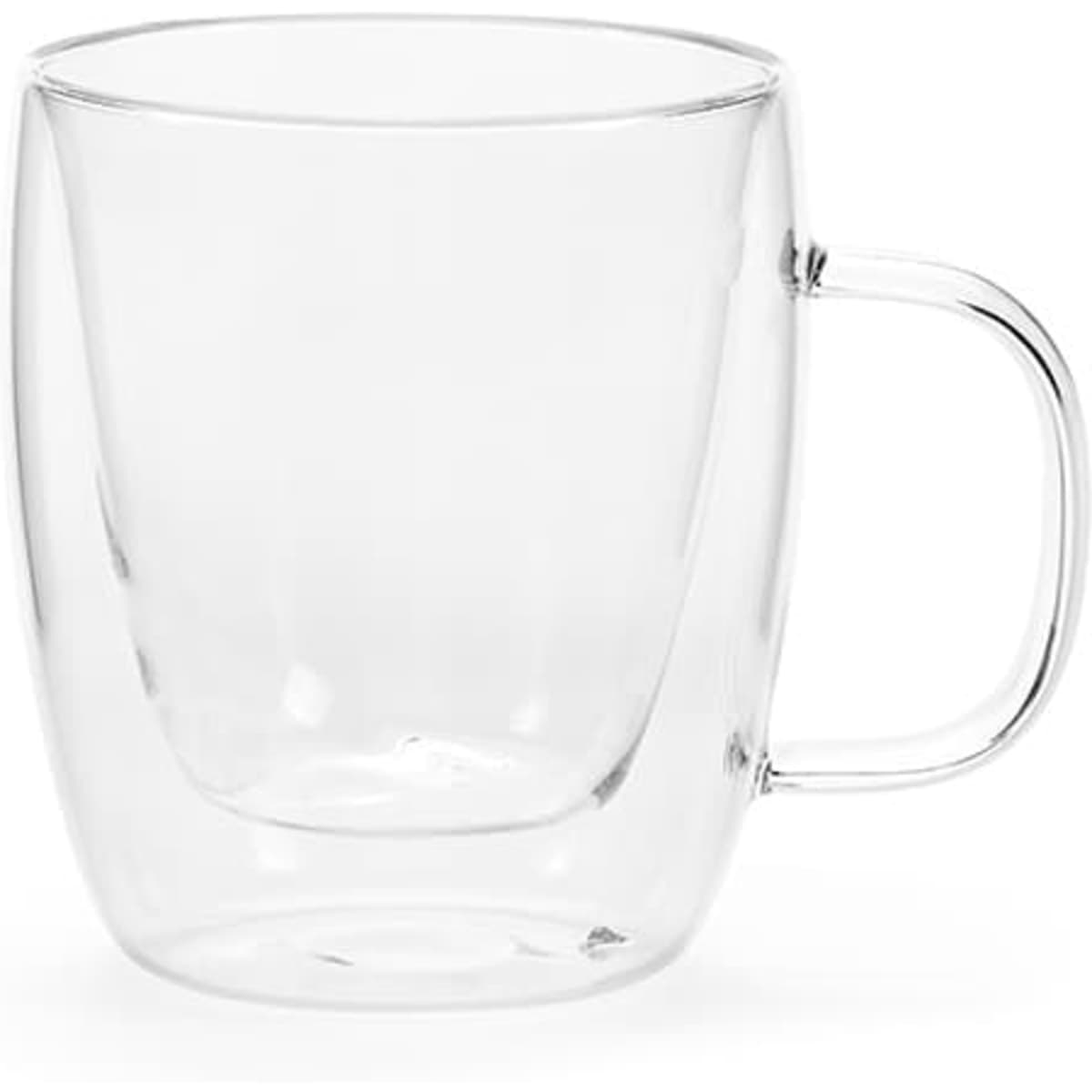 A borosilicate glass mug in clear, featuring a transparent design and a simple handle.