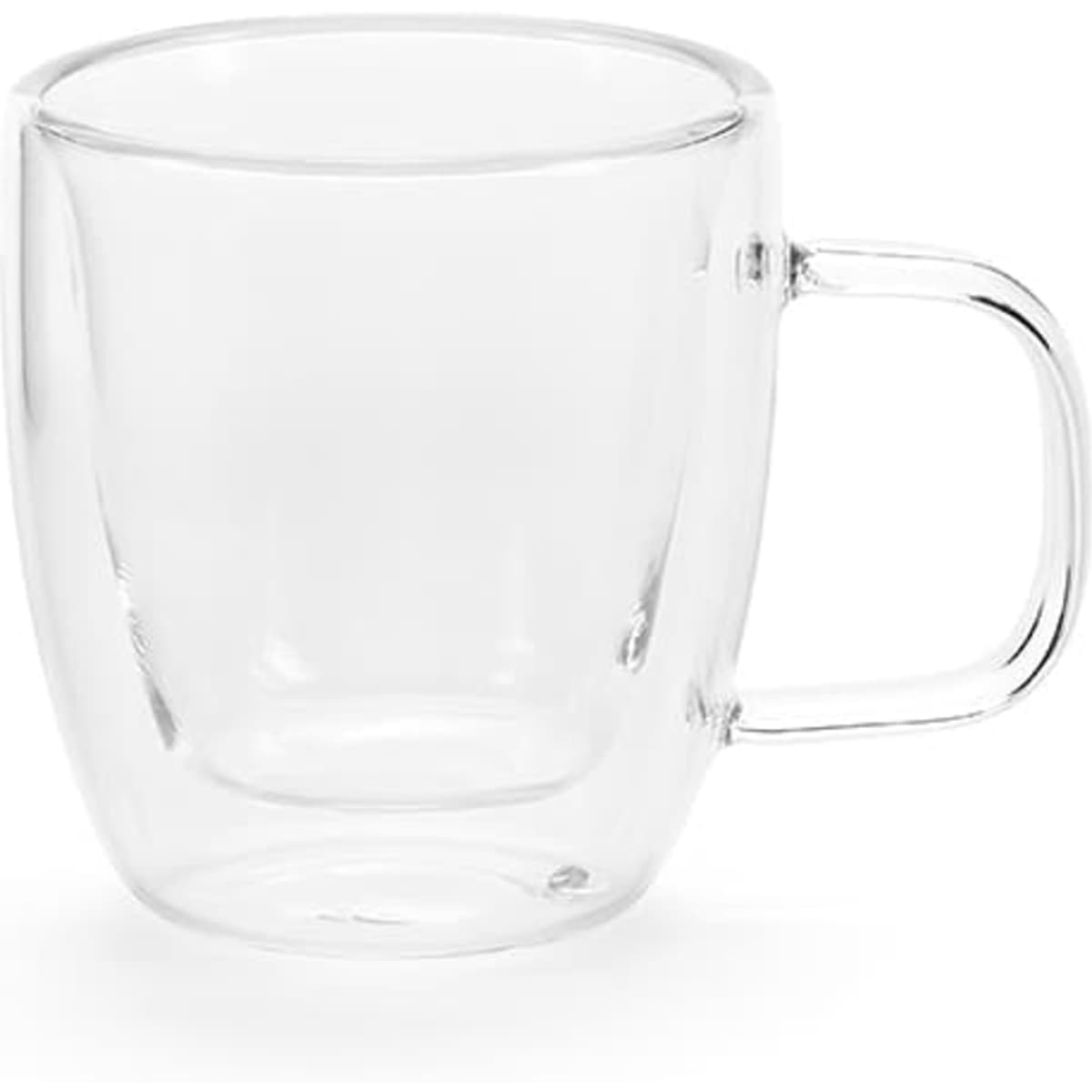 A borosilicate glass mug with a transparent design and a clear handle, holding 65ml.