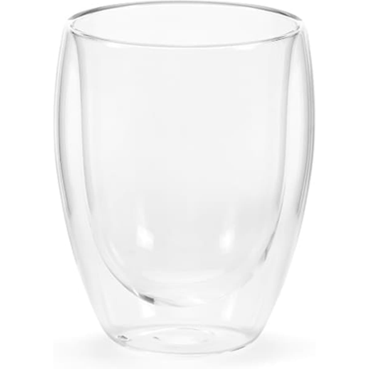 A drink bottle made of clear borosilicate glass with a sleek, curved shape, featuring a logo.