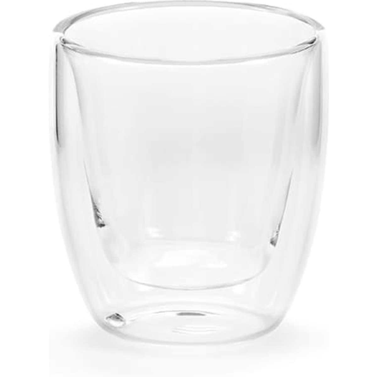 A drink bottle made of clear borosilicate glass, featuring a sleek design, with a branding logo visible.