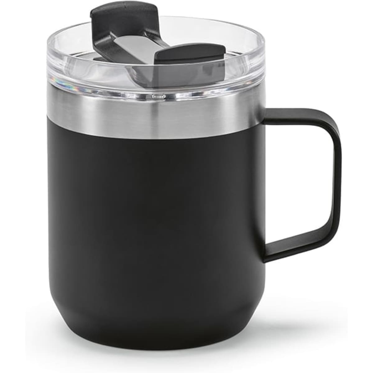 A drink bottle featuring a black exterior, clear rotating lid, and stainless steel band. Includes a handle for easy carrying.