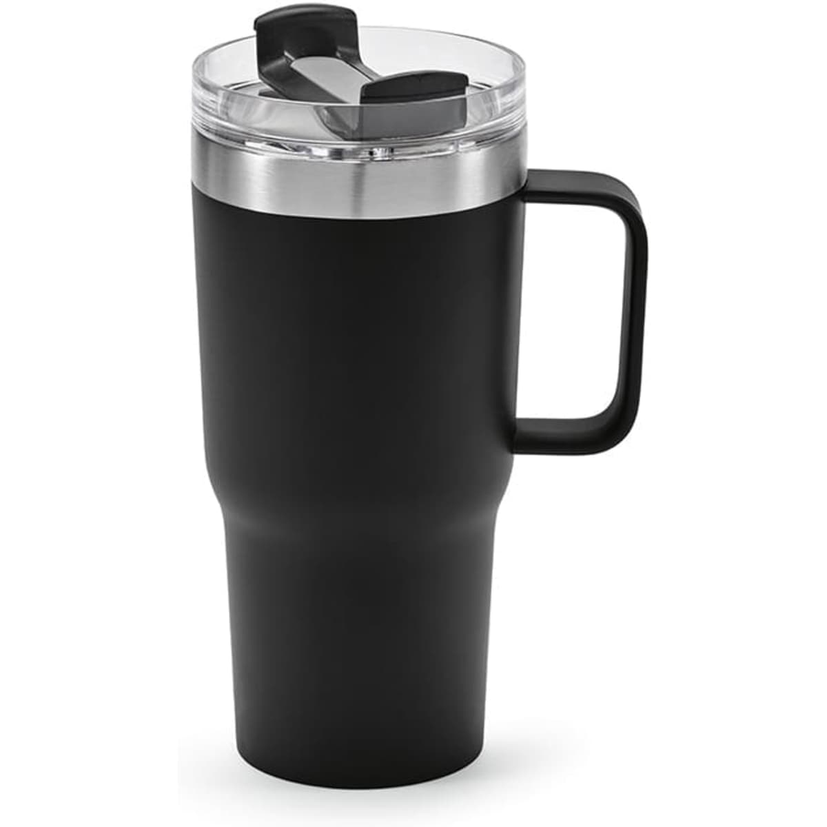 A drink bottle featuring a matte black design, double wall, rotating lid, and a sturdy handle. It includes a logo.