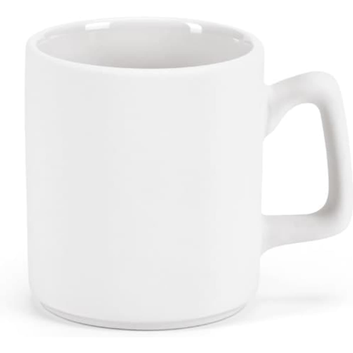 A ceramic mug in white with a matte finish. It has a stackable design and includes a handle.