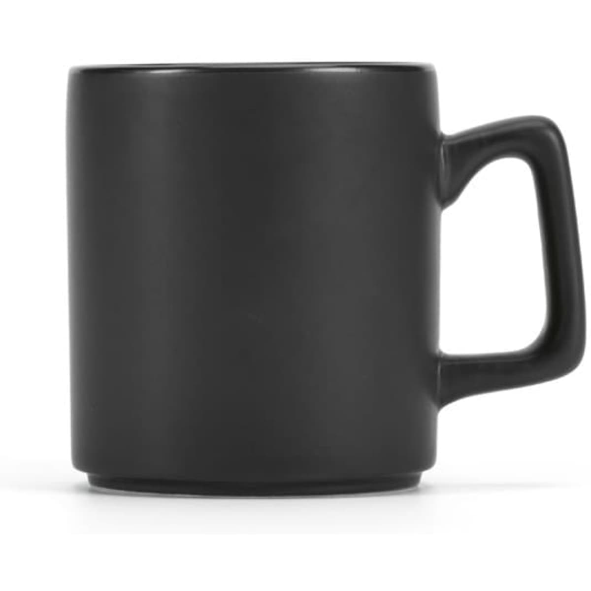 A black ceramic mug with a matt finish, featuring a stackable design and a sturdy handle.
