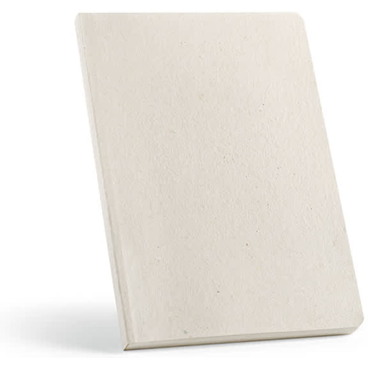 A light beige A5 notebook with a hemp cover, featuring 196 pages of 80gsm recycled paper. Includes a logo.